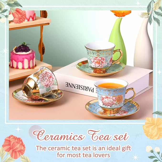 Teenyyou Set of 6 Tea Cups and Saucers Tea Party Decorations Floral Porcelain - Image 5