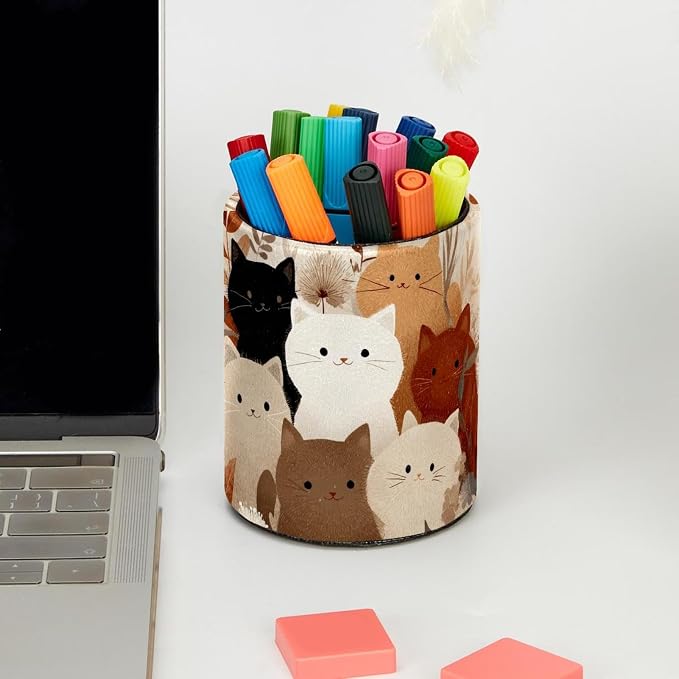 Leather Pen Holder for Desk, Colored Cats Pattern Pencil Cup Pen Organizer - Image 5