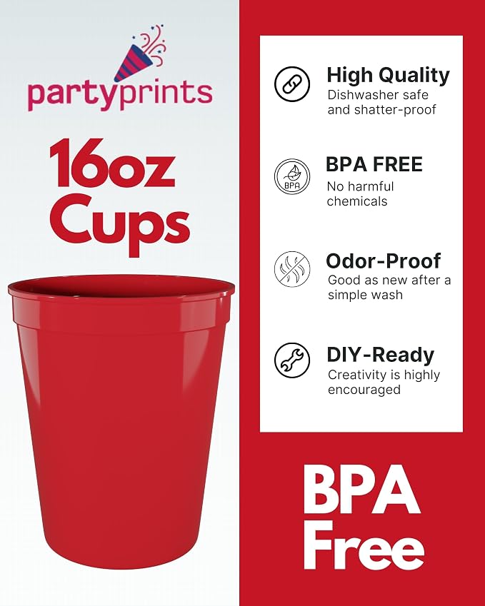 PartyPrints 10 Pack 16 oz Red Reusable Blank Plastic Cups, Stadium Cups Bulk – - Image 2