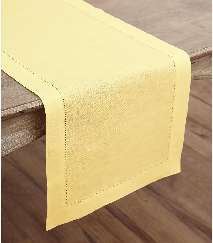 Solino Home 100% Linen Table Runner Yellow, Classic Hemstitch 14 x 72 in | - Image 2
