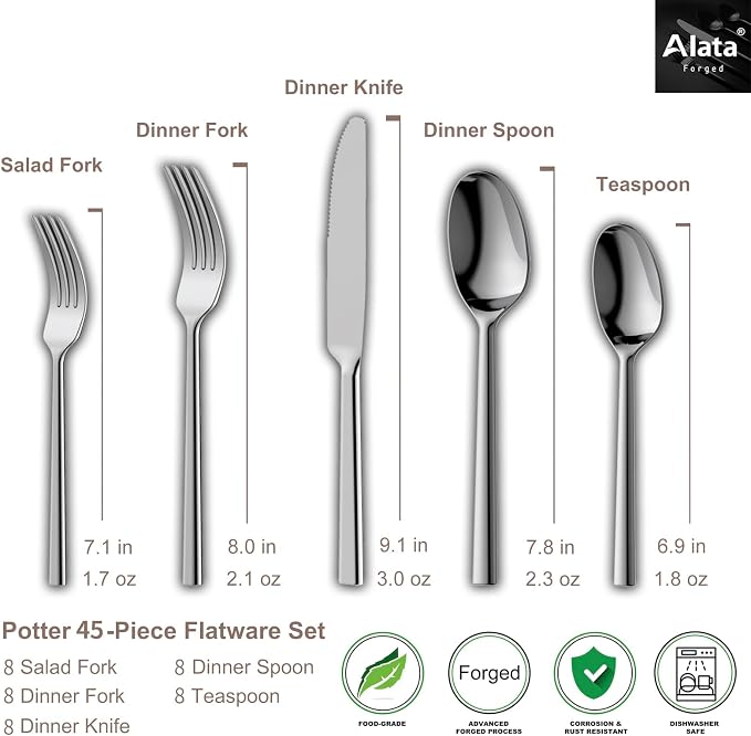 Alata Potter 45-Piece Forged Stainless Steel Flatware Set Cutlery Set, Service - Image 5
