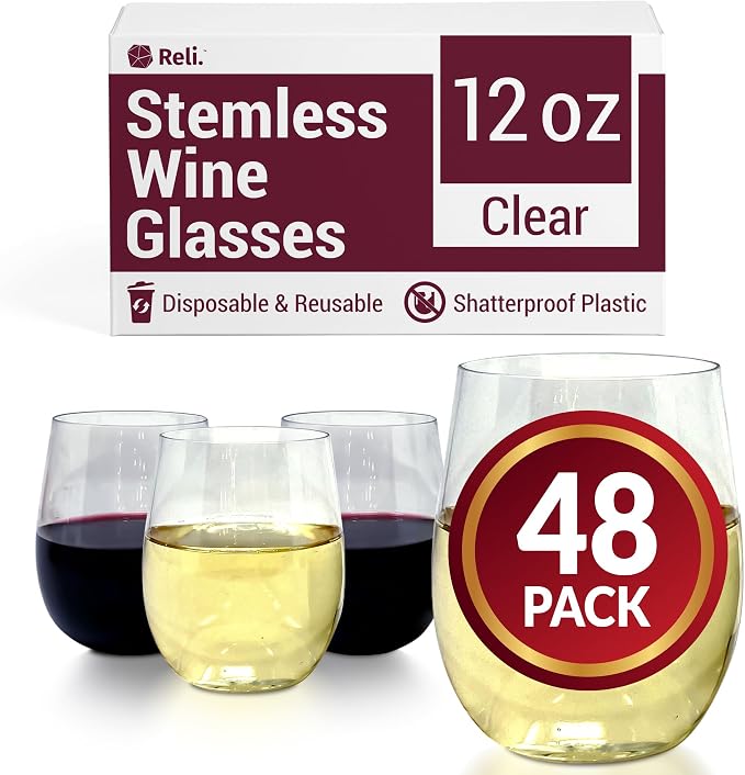 Reli. Disposable Wine Glasses | Clear | Stemless, Shatterproof | Plastic by Reli