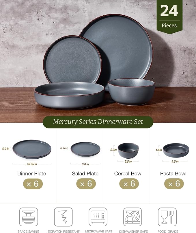 Famiware Mercury 24-Piece Stoneware Plates and Bowls, Charcoal | Dinnerware Set - Image 2