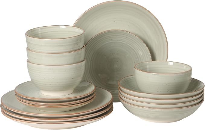 Gibson Home Stonebury 16 Piece Plates and Bowls Cream Grey Dishes by GibsonHomewares