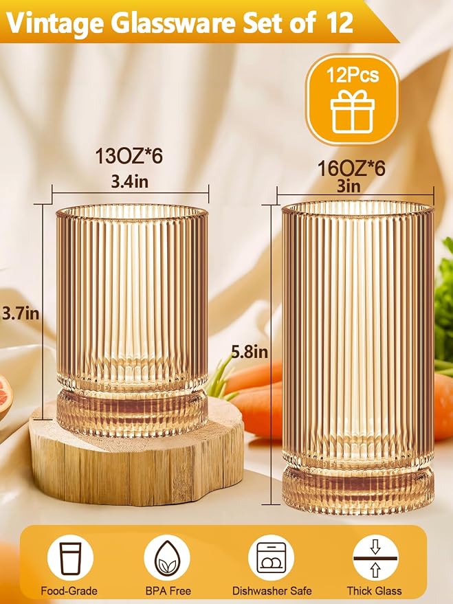 Ribbed Glassware Vintage Drinking Glasses 12Pcs Set （6 Highball Glasses 16Oz - Image 3