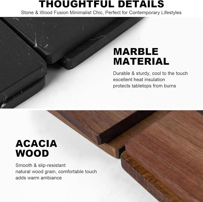 Marble Coasters: 4-Piece Set of Acacia Wood Marble Coasters, Suitable - Image 2