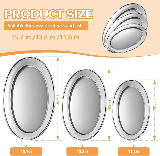 FoldTier 3 Pcs Stainless Steel Serving Tray Large Oval Platter Set, 11.8" 13.8" - Image 3