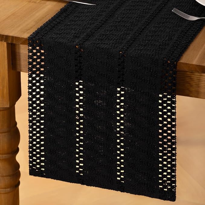 Black Boho Table Runner Farmhouse Macrame Woven Table Runner 12x48 Inch | Small - Image 4