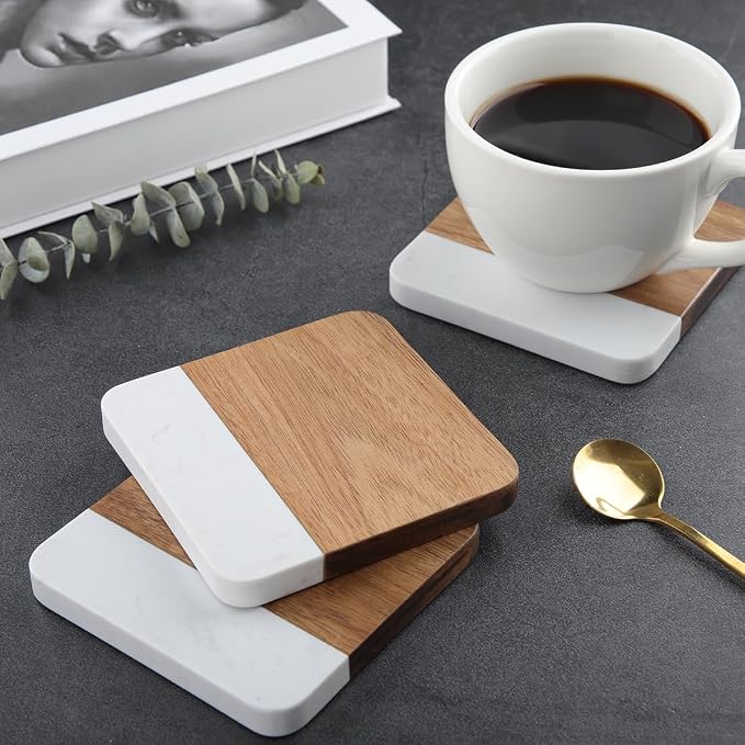 Acacia Wood Marble Coasters for Drinks Set of 4, Square Non-Slip Wooden Stone - Image 2
