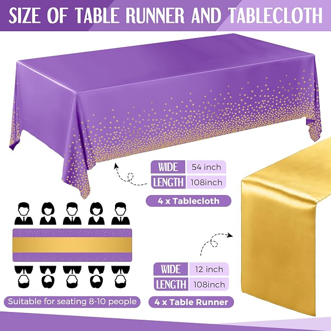 8 Pack Purple and Gold Disposable Plastic Tablecloths and Satin Table Runner Set - Image 2