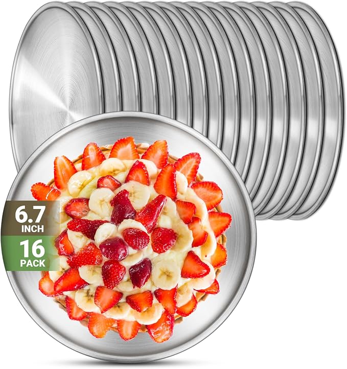 Stainless Steel Plates, 16 Set 6.7 inch 304 Metal Food Serving Plate, Reusable by Offiper