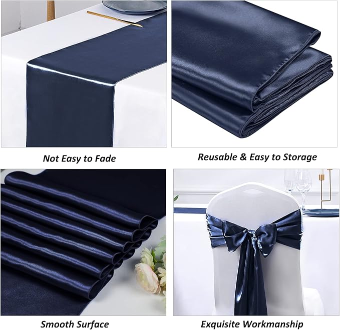 SiinvdaBZX 24 Pcs Navy Blue Satin Table Runner 12 x 108 inches Long | Bright - Image 6