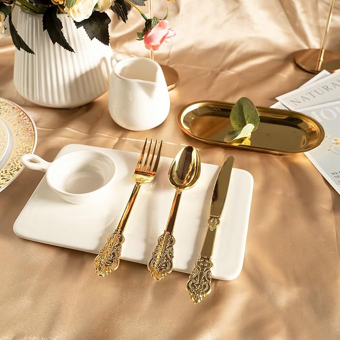 300PCS Gold Plastic Silverware, Vintage Disposable Utensils & Cutlery | 100 - Image 3
