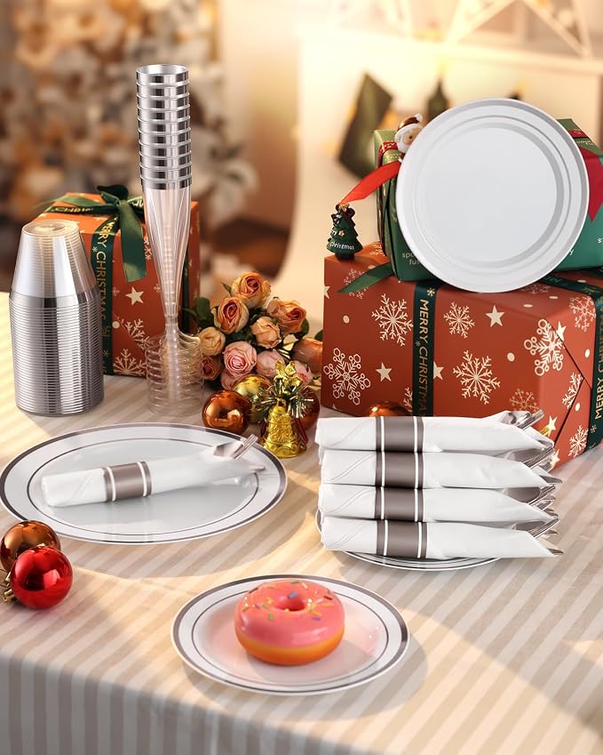 320 PCS Disposable Silver White Plastic Dinner Plate - Image 5