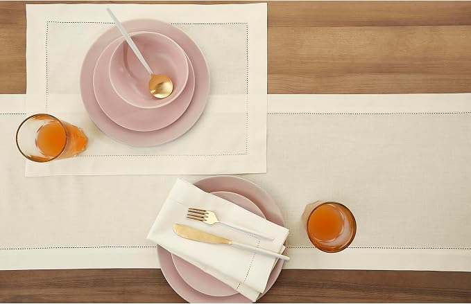 Solino Home Cotton Linen Dining Table Runner Ivory Hemstitch, 14 x 156 in | - Image 3
