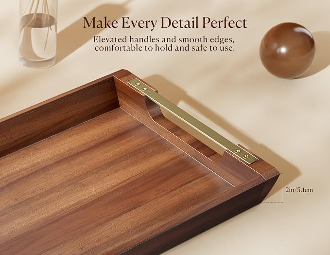 Acacia Wood Serving Tray with Metal Handles, 17x13in Large Ottoman Tray - Image 6