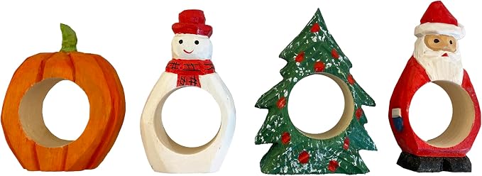 Set of 4 Hand-Carved Wooden Holiday Napkin Rings, Christmas Tree, Pumpkin & by Inusitus