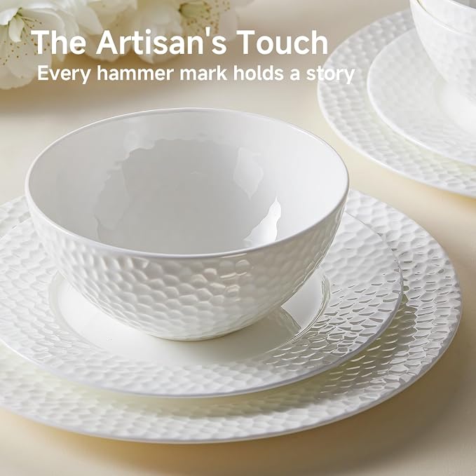 18Pcs Hammered Rim White Bone China Set, Service - Image 3