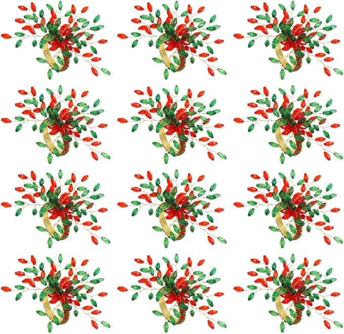 ITOS365 Handcrafted Beaded Napkin Rings Set of 12 – Red & Green Crystal Flower - Image 4