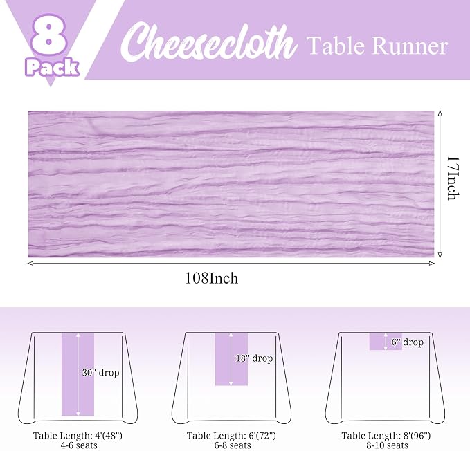 8 Pack Lavender Table Runner 17 x 108inch Cheesecloth Table Runner Boho Gauze - Image 3