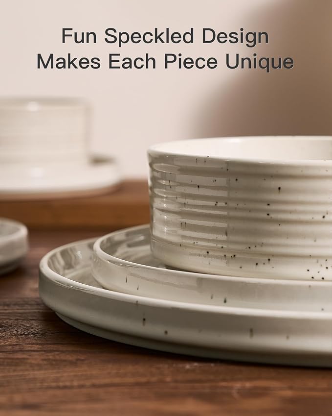 Stoneware Dinnerware Sets for 4, Reactive Glaze Plates & Bowls, Shell Beige | - Image 3