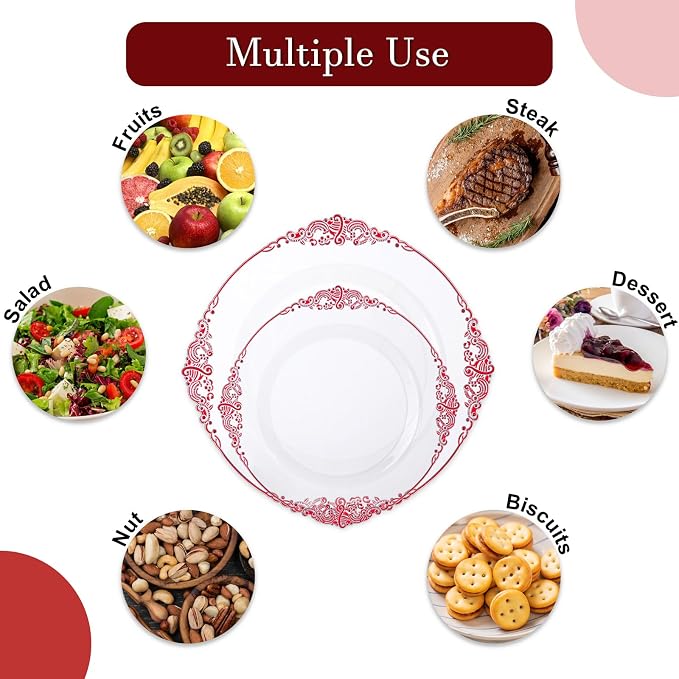 Nervure 100Pcs Clear Red Plastic Plates, Party Plates Set - Image 8