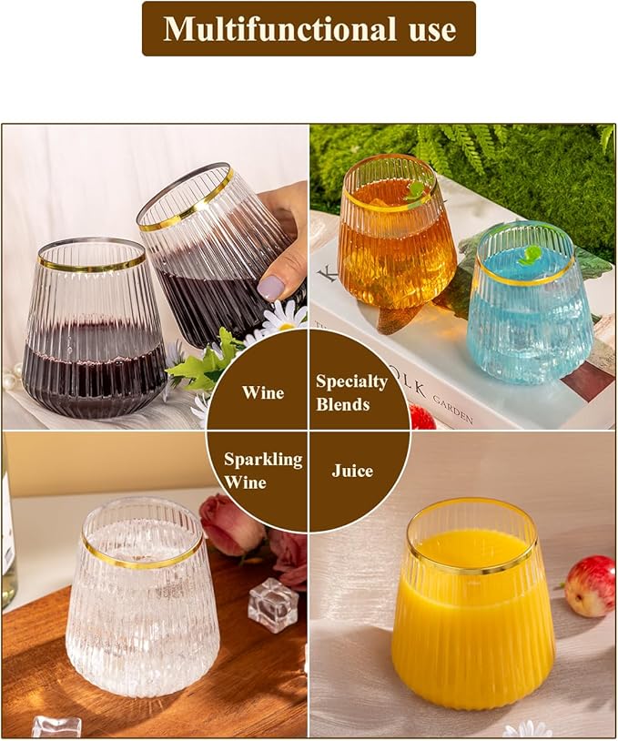 Goodluck 36 Pack 12oz Stemless Plastic Wine Glasses Clear Ribbed Gold Rim | - Image 6
