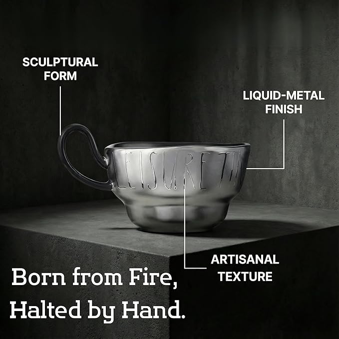 Volcanic Ash Titanium Finish Coffee Mug and Saucer Set | Modern Sculptural - Image 3