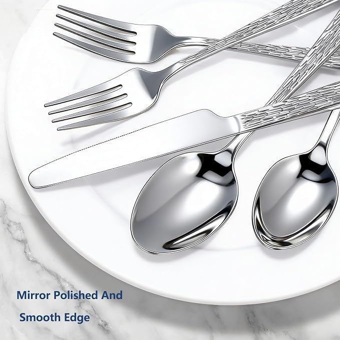 Yoehka 60Piece Hammered Silverware Set, Stainless Steel Flatware Set - Image 5