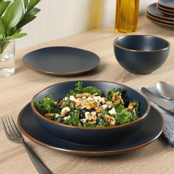 Gibson Home Hazeltine 16-Piece Navy Blue Stoneware Dinnerware Set – Plates and - Image 2