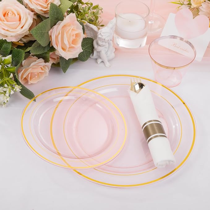 WELLIFE 210Pcs Clear-Pink Plastic Dinnerware- Pink and Gold Plastic Dinnerware - Image 8
