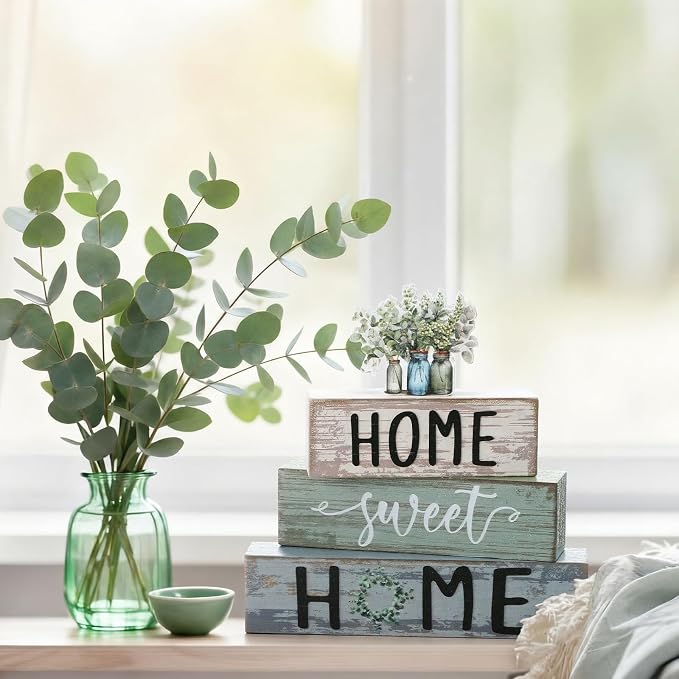 Cinnvoice 4 Pcs Spring Eucalyptus Mason Jar Wooden Block Decor Farmhouse Tiered - Image 5