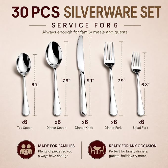 30 Pcs Silverware Set for 6, Stainless Steel Flatware Utensils Cutlery Set | - Image 5