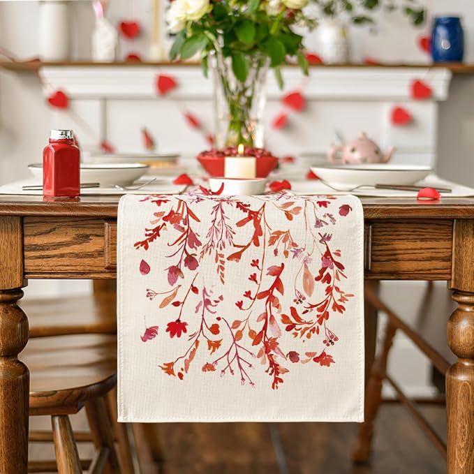 Artoid Mode Floral Leaves Valentine's Table Runner, Wild Flowers Seasonal - Image 2