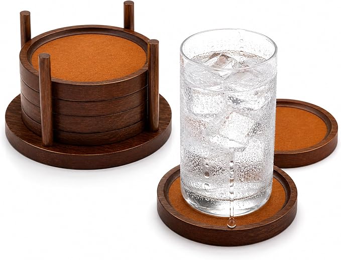 MinBoo Bamboo Coasters for Coffee Table Set of 6 Coasters for Drinks Absorbent by MinBoo