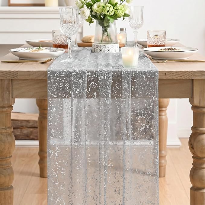 Artoid Mode Grey Gold Gauze Table Runner 120 Inch 10FT, Glitter Metallic Foil - Image 2
