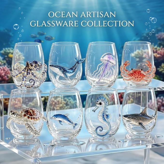 Artisanal Blue Ringed Octopus Glassware, 3D Ocean Glass Wine Glass，Set3 | - Image 5