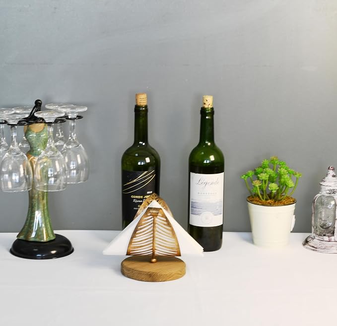 OwlGift Freestanding Modern Napkin Holder w/Bronze Metal Leaf & Brown Wooden - Image 4
