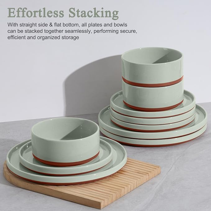 LIANYU 12 Piece Dinnerware Set for 4, Modern Style Stoneware Dinnerware Set | - Image 5