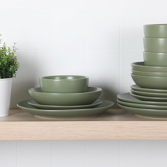 Gibson Home Queenslane 16-Piece Matte Green Stoneware Dinnerware Set – Double - Image 4