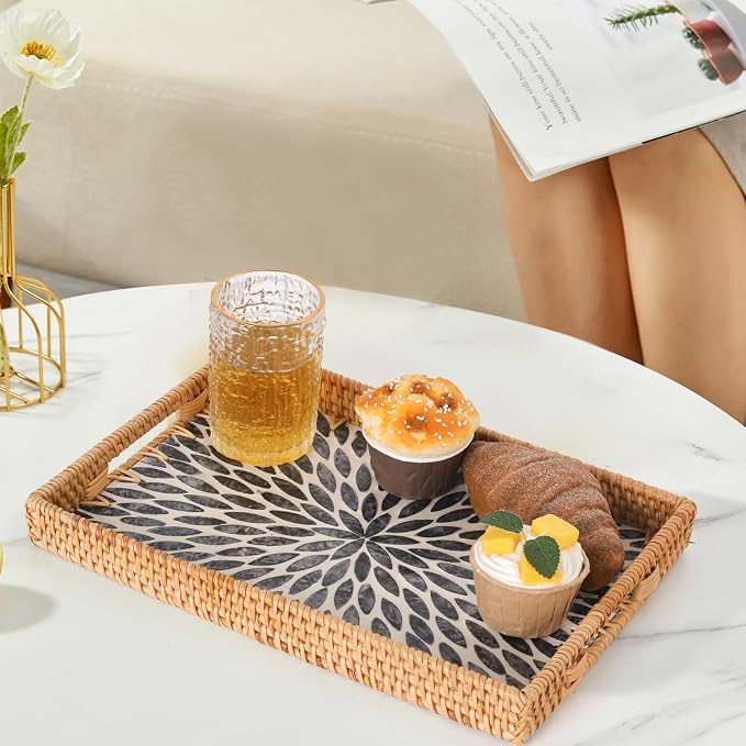 Rectangle Rattan Tray with Mother of Pearl Inlay, Rattan Serving Tray with - Image 8