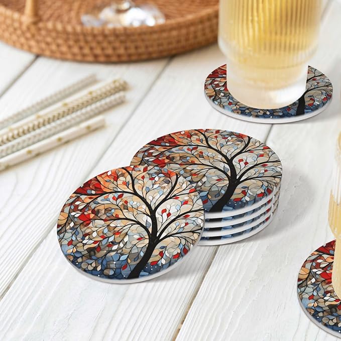 Artistic Tree Pattern Coasters for Drinks Absorbent Round Ceramic Coasters Set - Image 7