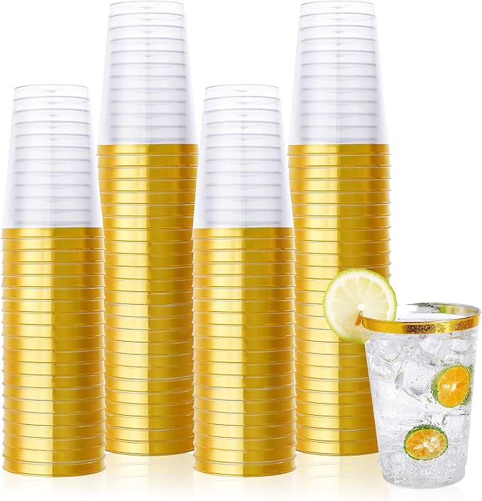 Vplus 150 Pack 12 OZ Gold Rimmed Disposable Plastic Drinking Cups by Vplus