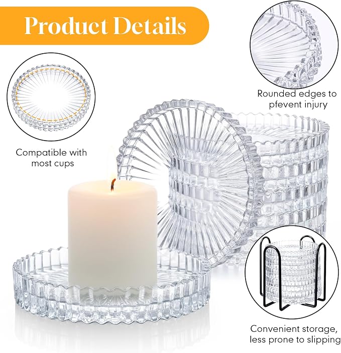 6 Pcs Glass Coasters with Holder Clear Drink Coasters Crystal Round Beverage - Image 3