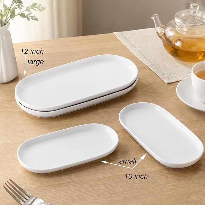 Oval Serving Plates, 10 Inch White Ceramic Dessert Appetizer Platters Trays Set - Image 5