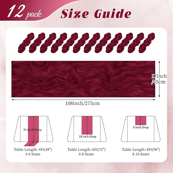 12 Pack Burgundy Cheesecloth Table Runner 17x108 Inch Semi Sheer Boho Gauze - Image 2