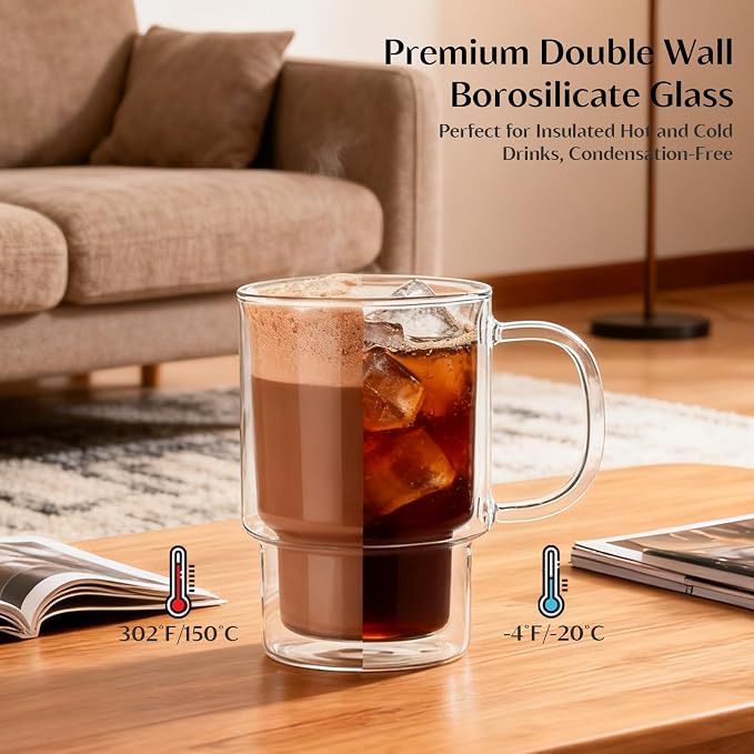 INSETLAN 16oz Double Wall Glass Coffee Mugs Set of 2, Insulated Borosilicate - Image 4