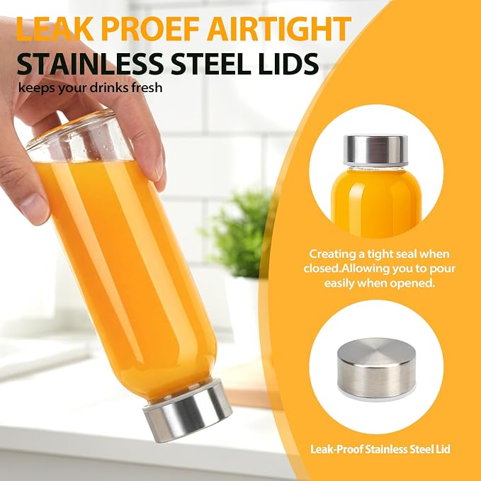Sursip 10 oz Glass Juice Bottles, 6 Pack, Leakproof Stainless Lids | Reusable - Image 4