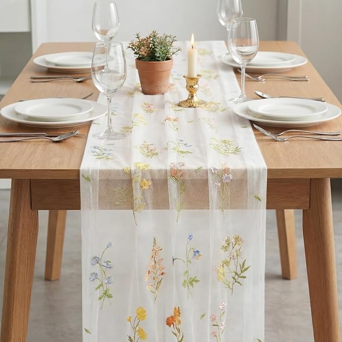 Artoid Mode 6PC Wildflower Floral Milky White Gauze Embroidery Table Runner 120 - Image 3