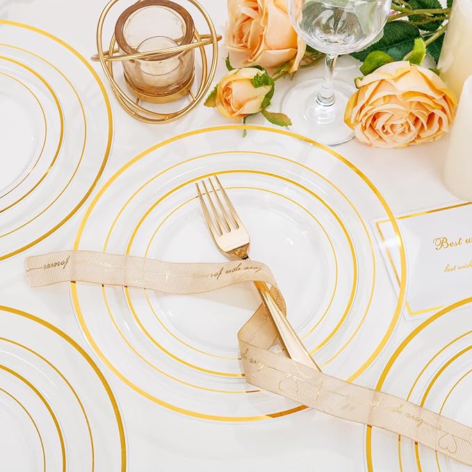 102 Pcs Clear Gold Plastic Plates, Premium Disposable Party Plates | Clear and - Image 9